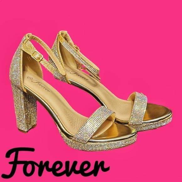 FOREVER 21 Rose Gold Rhinestone Strappy Chunky High Heel Holiday Josina Pumps 9 - Picture 1 of 16